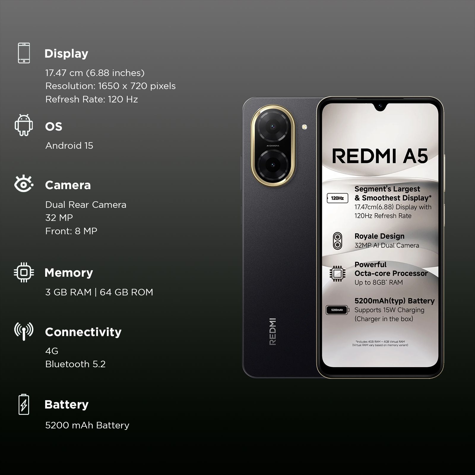 スマートフォン本体 Redmi A5 3GB RAM 64GB ROM REDMI A5 (3GB RAM 64GB STORAGE)